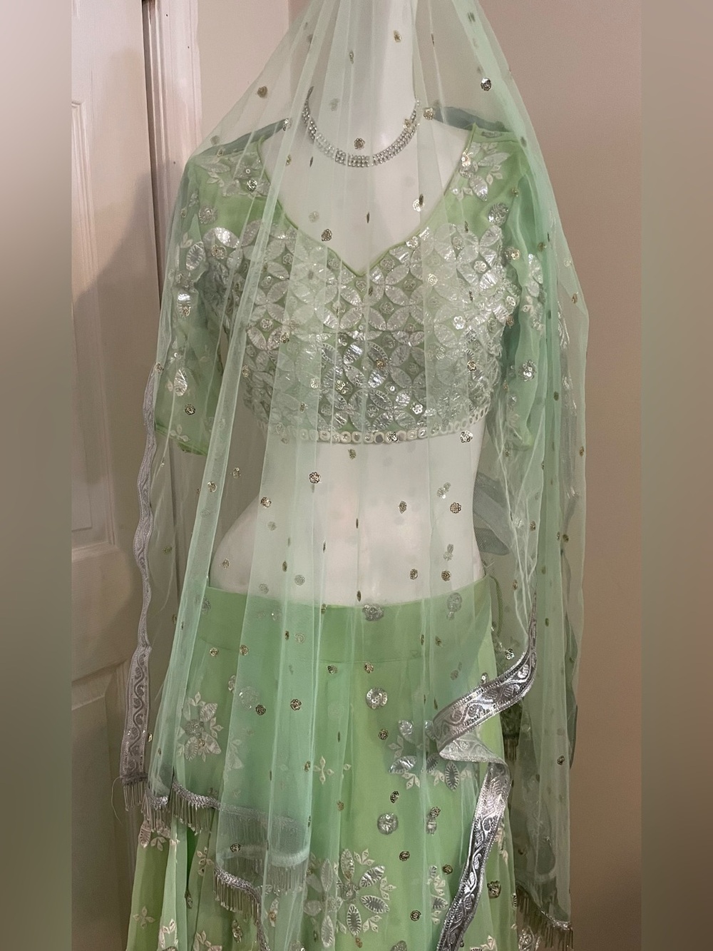 Mint Green Embellished Lehenga Dress with Silver Accents